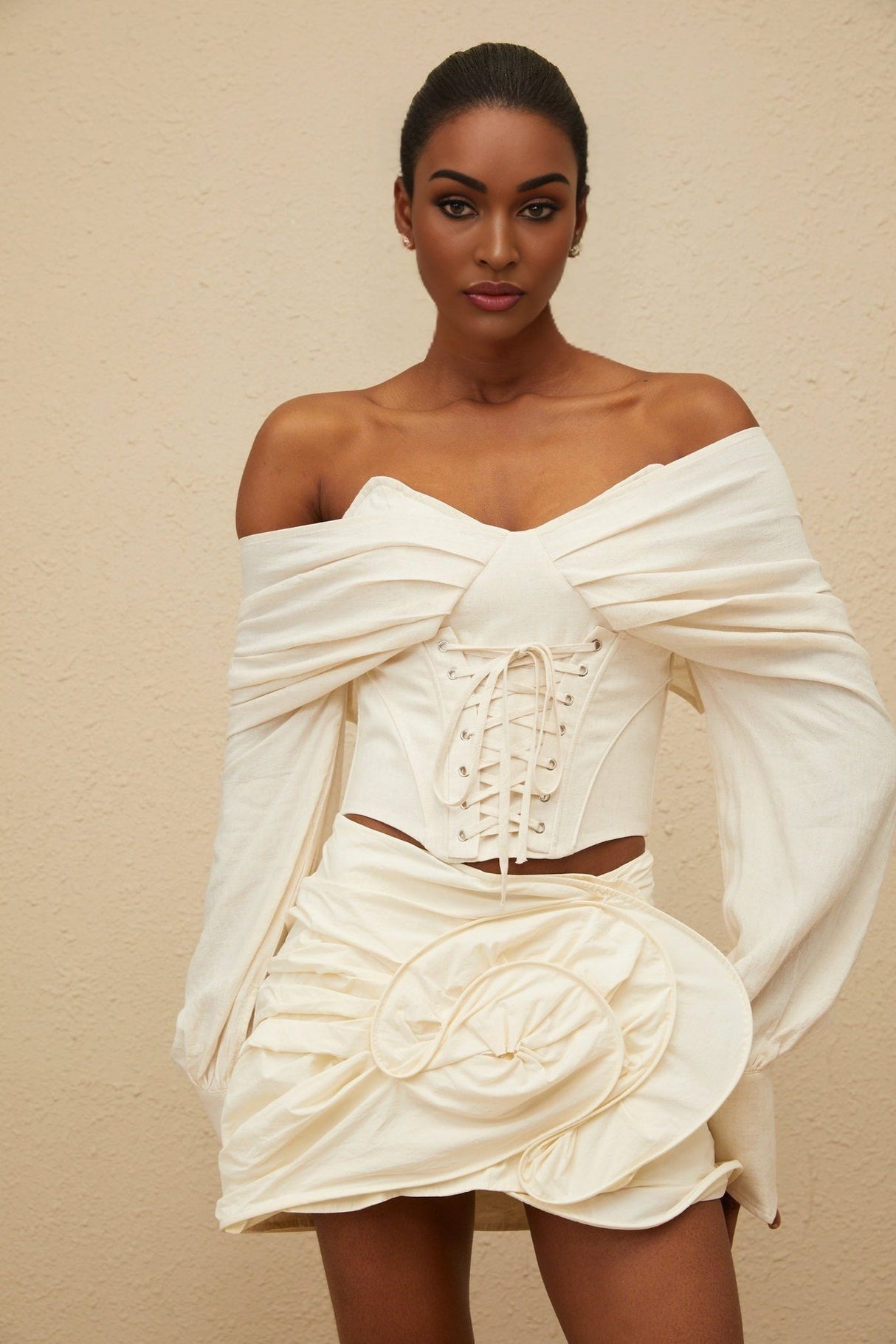 Vada Crop Top - Off - Shoulder - Boned - Lace - Up - Long Sleeve