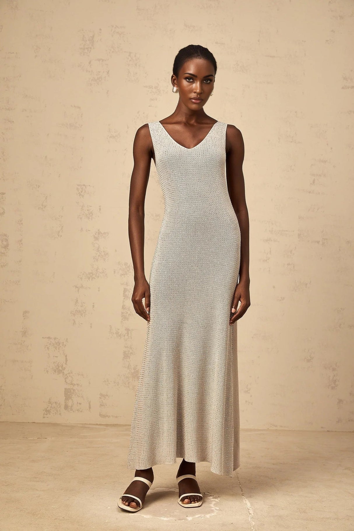 Vada Maxi Dress Grey & Silver Rhinestone Knit