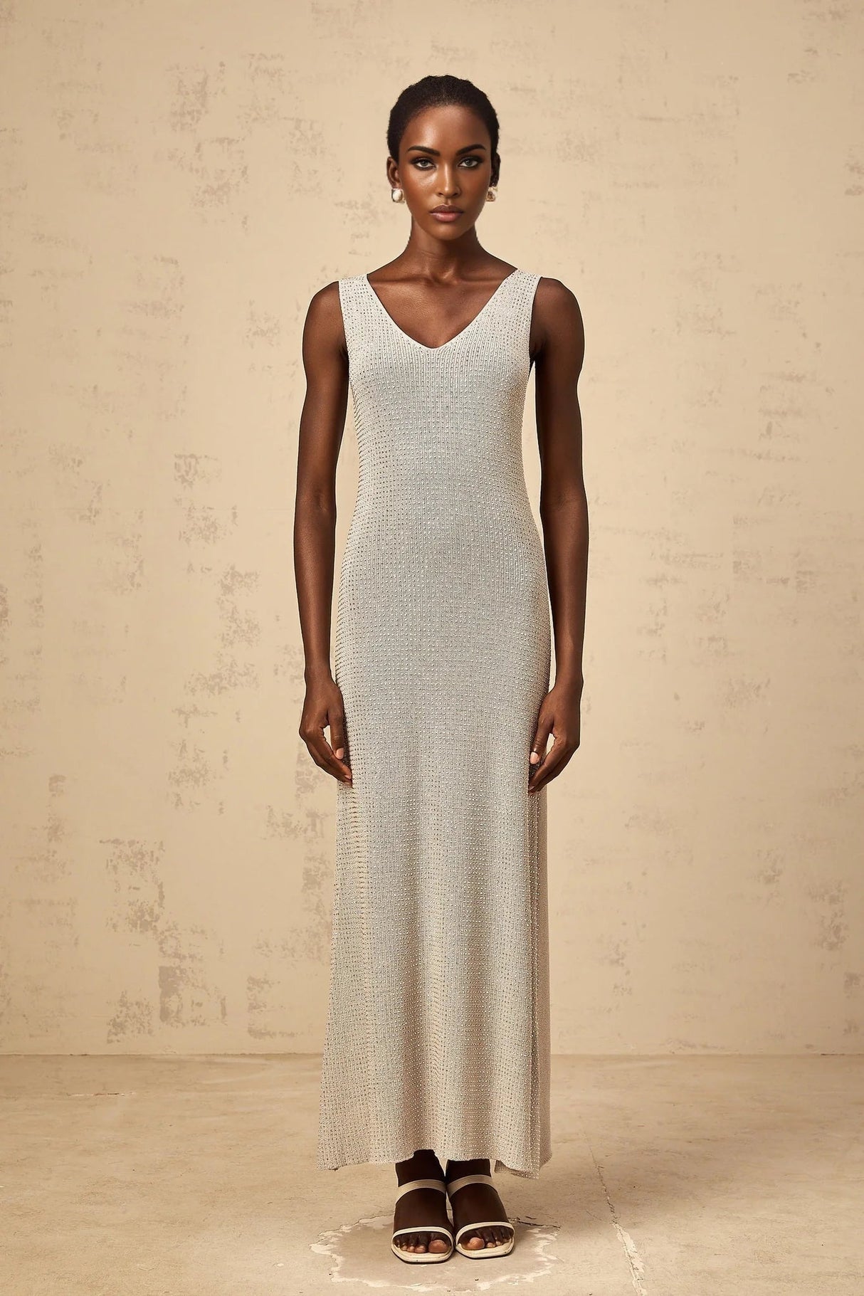 Vada Maxi Dress Grey & Silver Rhinestone Knit