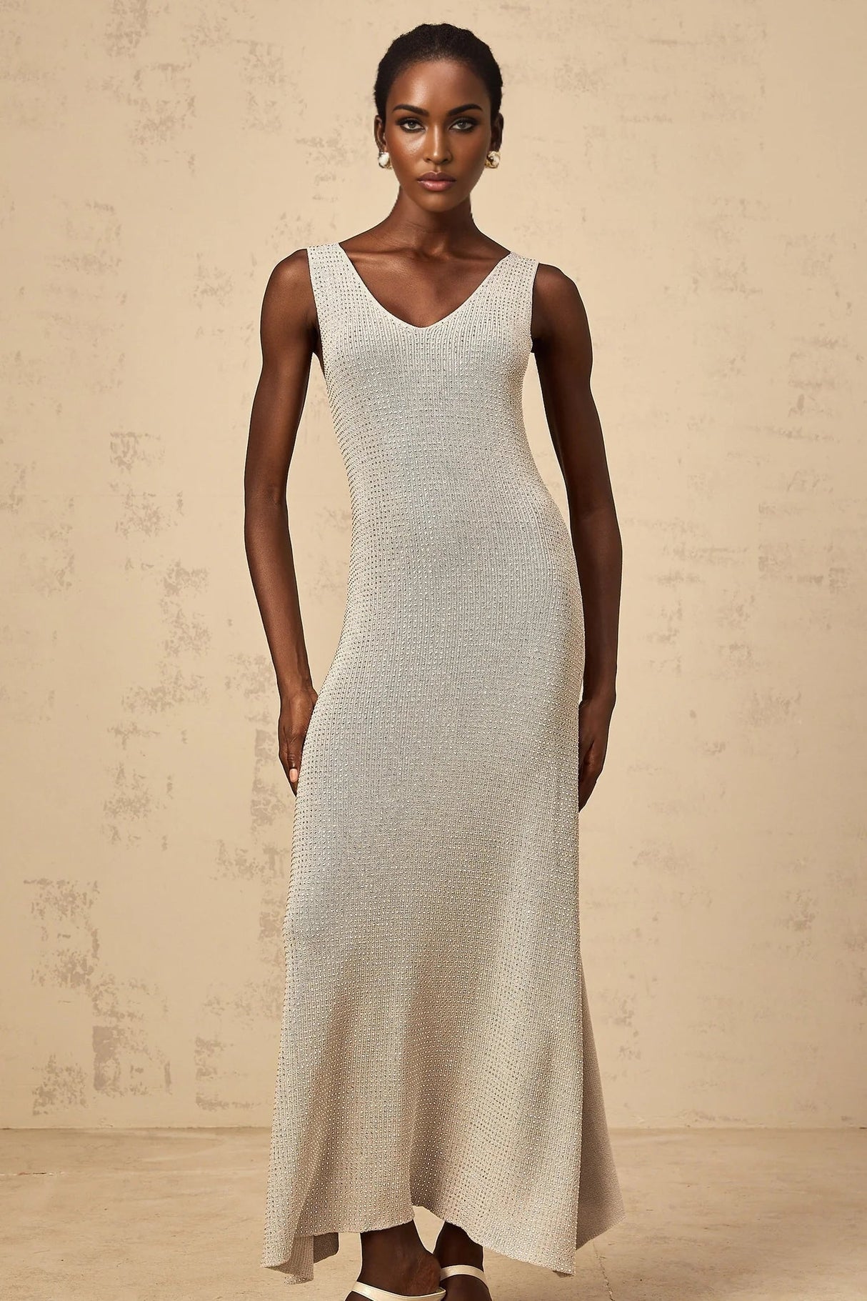 Vada Maxi Dress Grey & Silver Rhinestone Knit