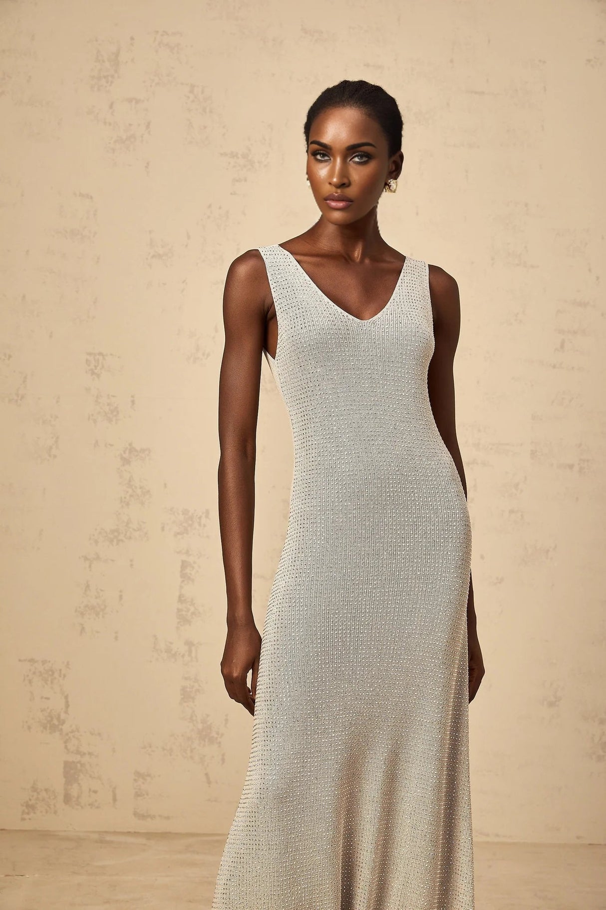 Vada Maxi Dress Grey & Silver Rhinestone Knit