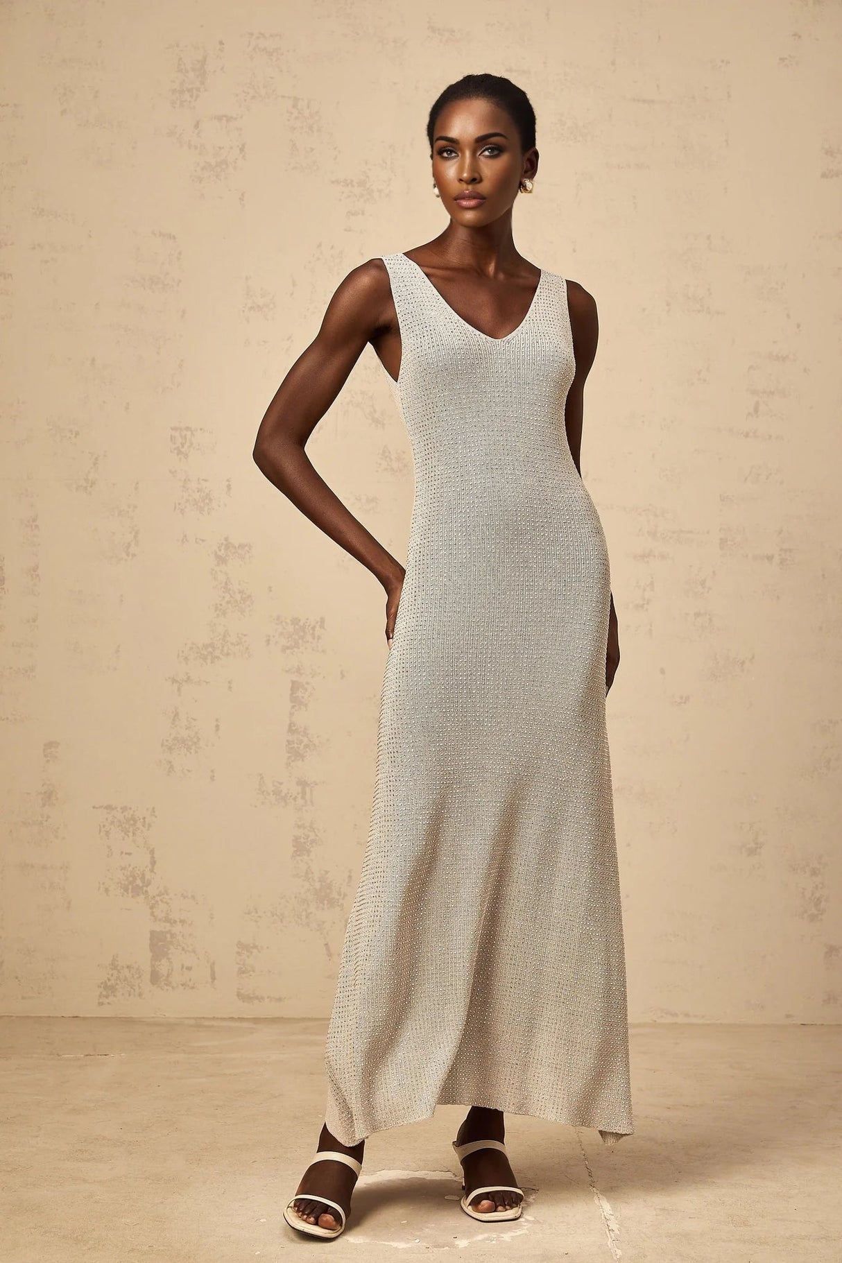 Vada Maxi Dress Grey & Silver Rhinestone Knit