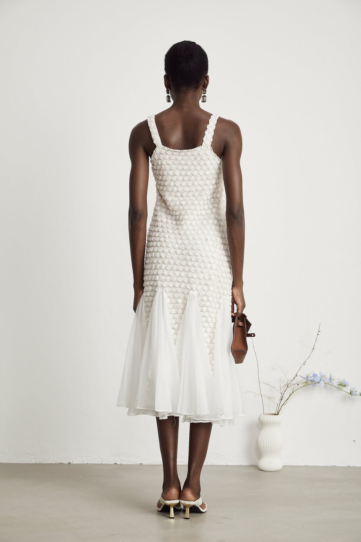 Vada Midi Dress White Faux Flower Tulle Irregular Hemline