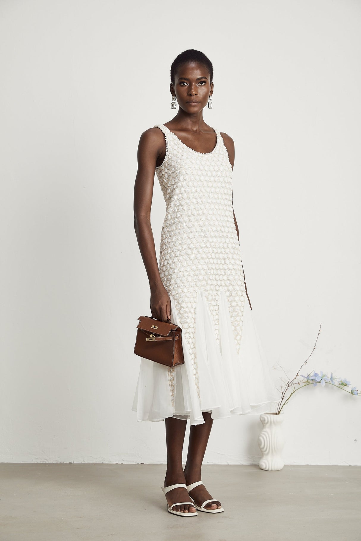 Vada Midi Dress White Faux Flower Tulle Irregular Hemline