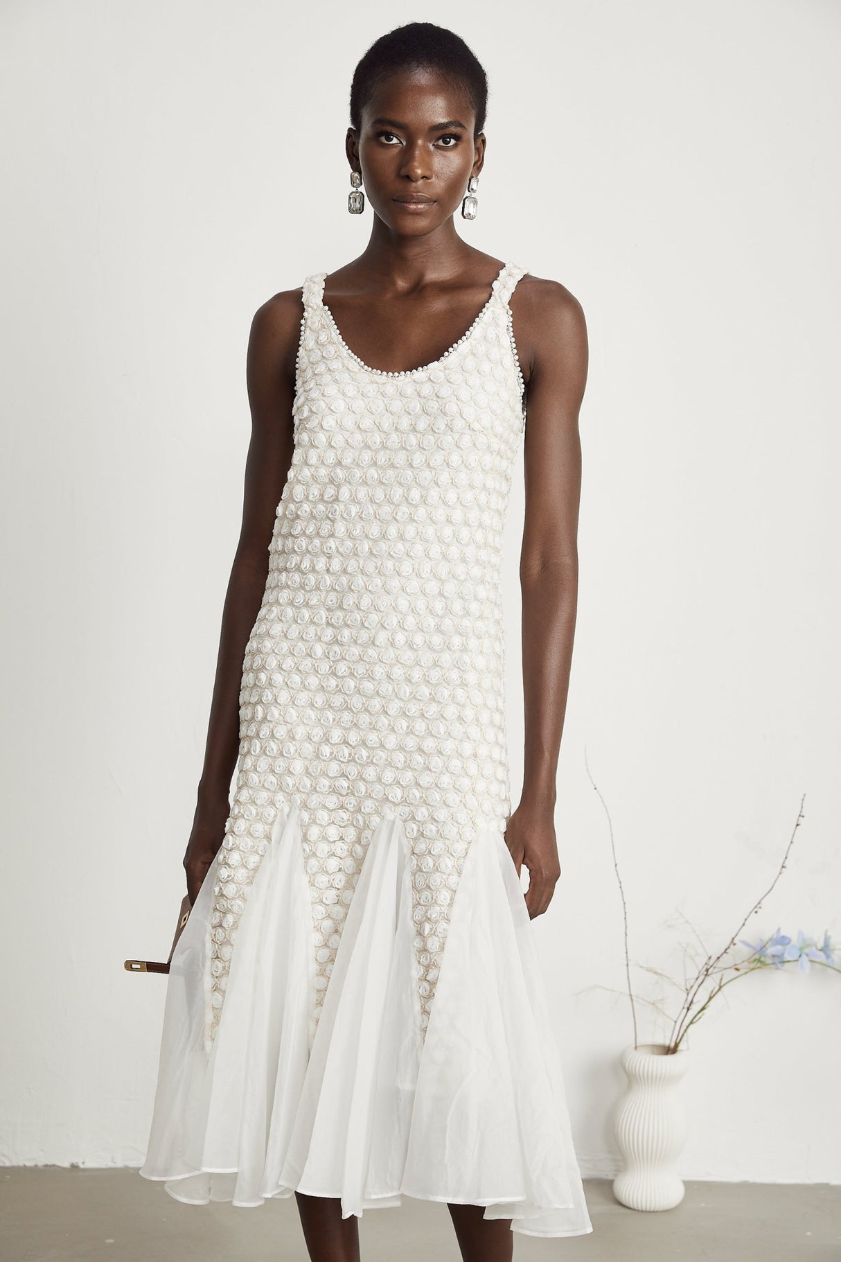 Vada Midi Dress White Faux Flower Tulle Irregular Hemline