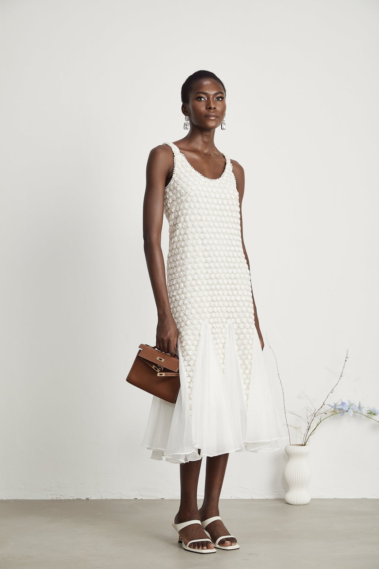 Vada Midi Dress White Faux Flower Tulle Irregular Hemline