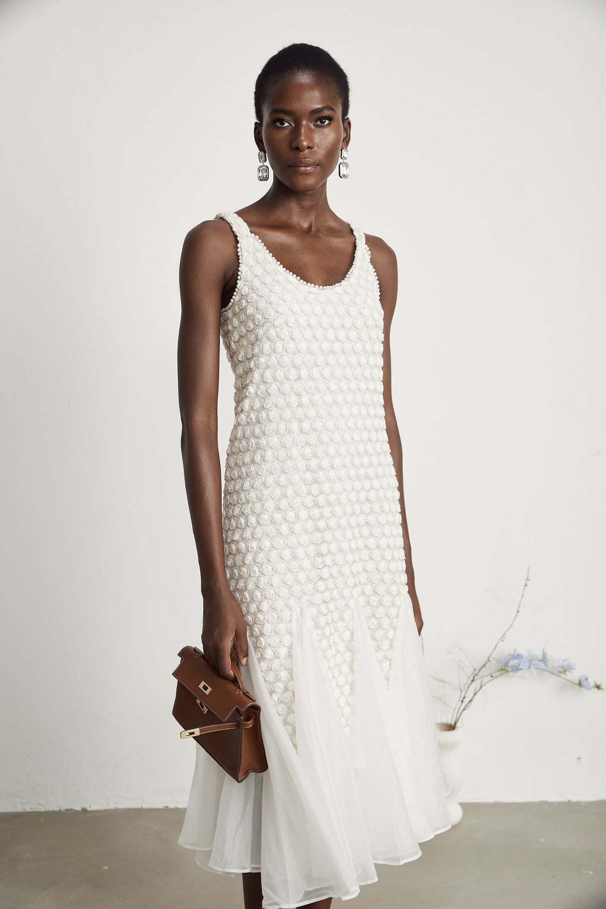 Vada Midi Dress White Faux Flower Tulle Irregular Hemline