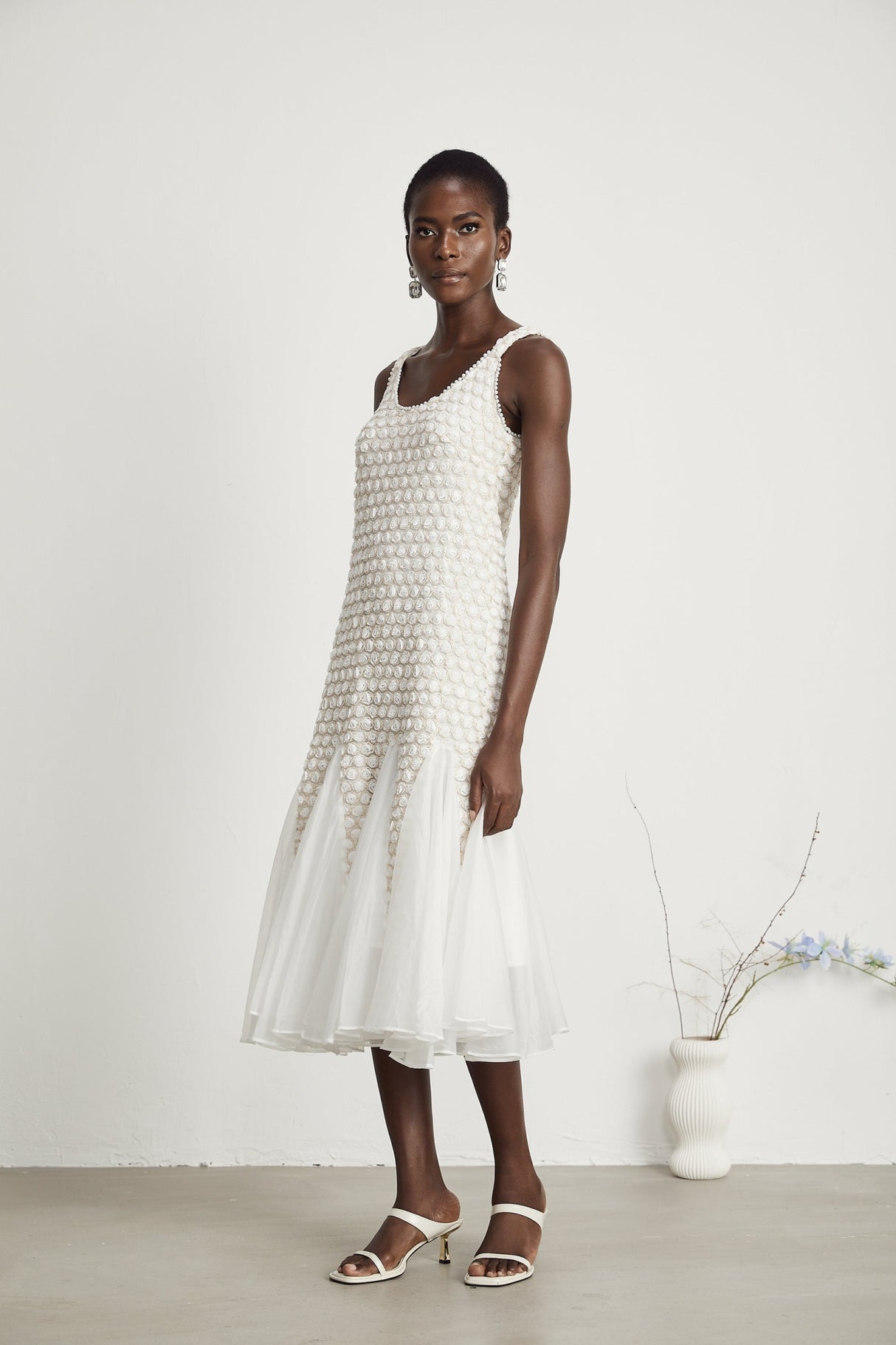 Vada Midi Dress White Faux Flower Tulle Irregular Hemline