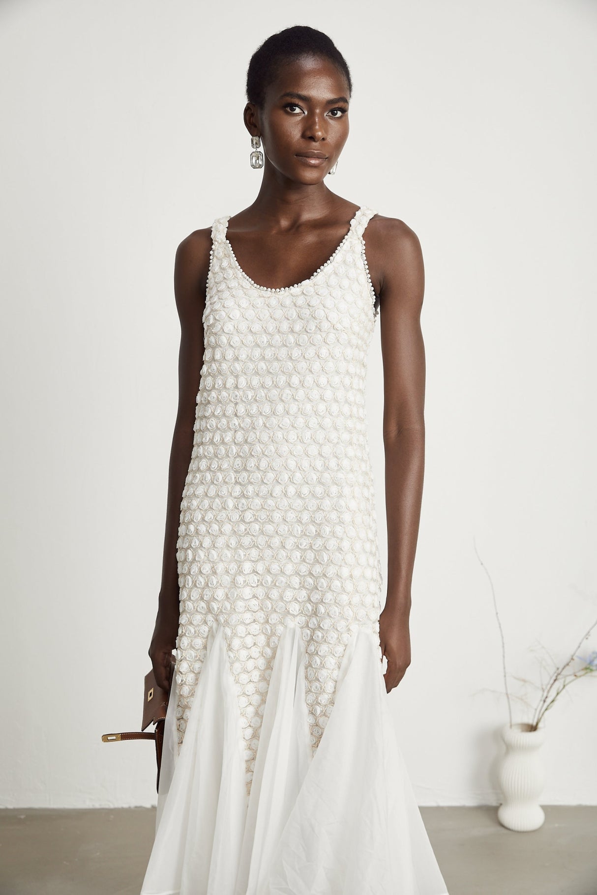 Vada Midi Dress White Faux Flower Tulle Irregular Hemline