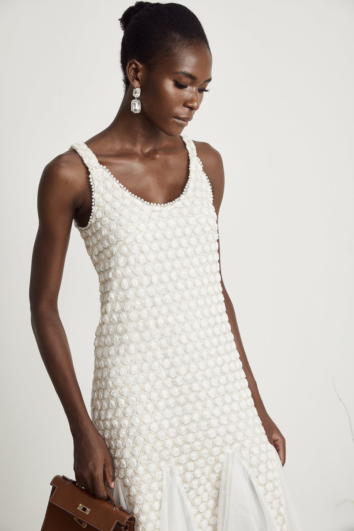 Vada Midi Dress White Faux Flower Tulle Irregular Hemline