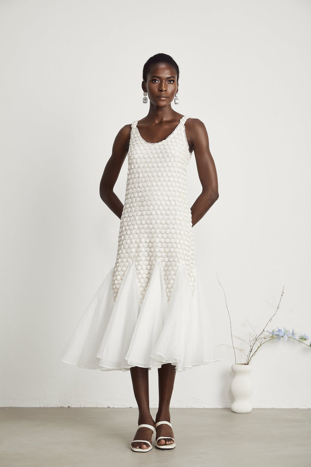 Vada Midi Dress White Faux Flower Tulle Irregular Hemline