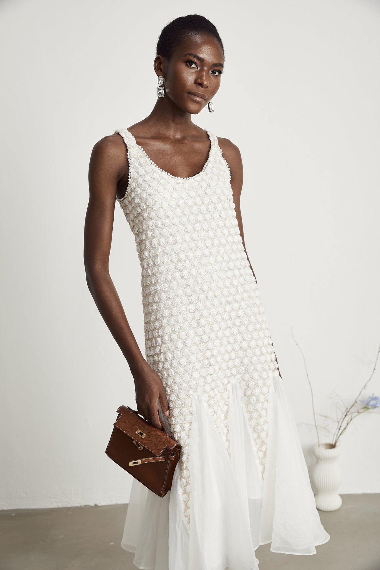 Vada Midi Dress White Faux Flower Tulle Irregular Hemline