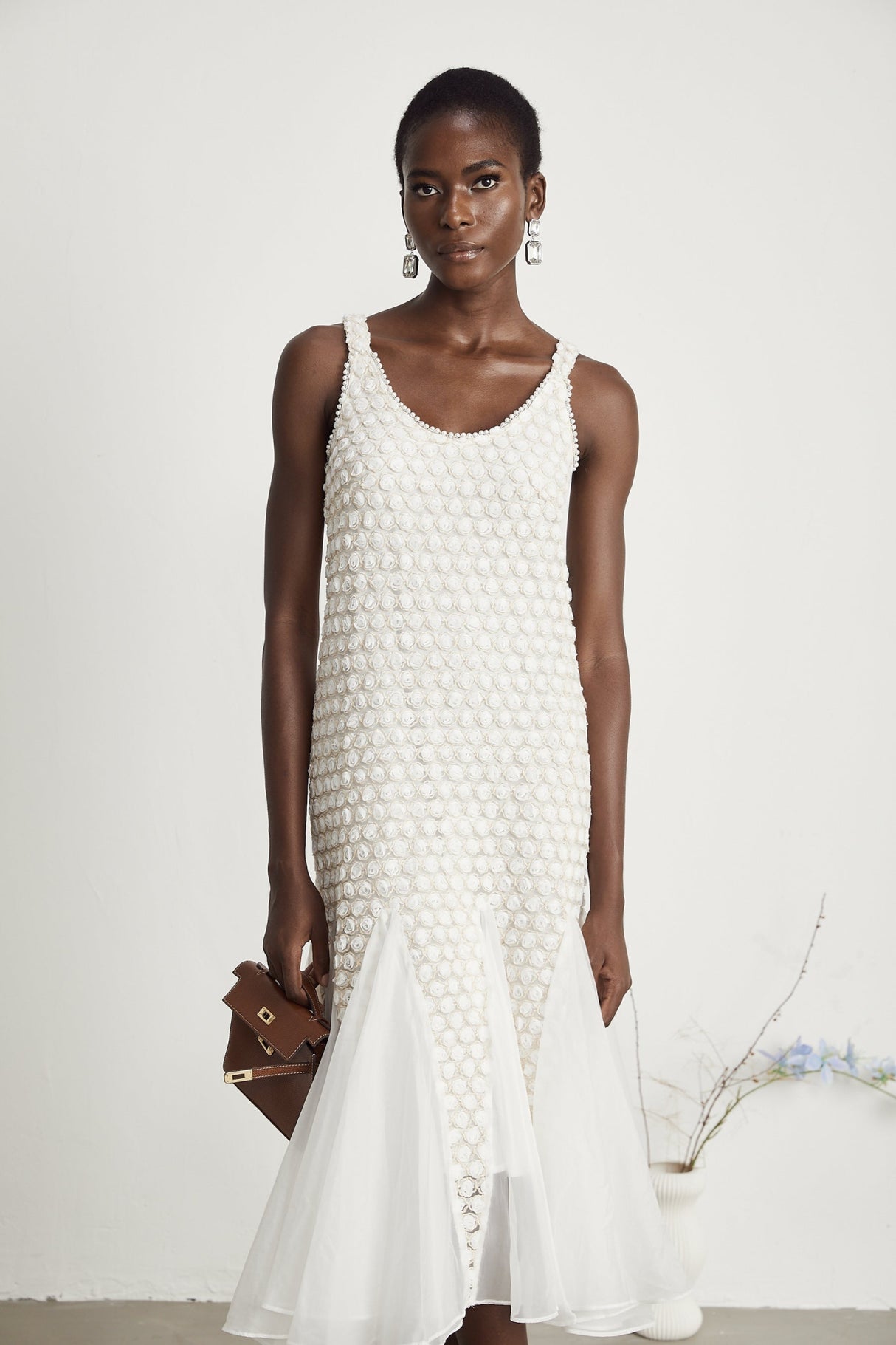 Vada Midi Dress White Faux Flower Tulle Irregular Hemline