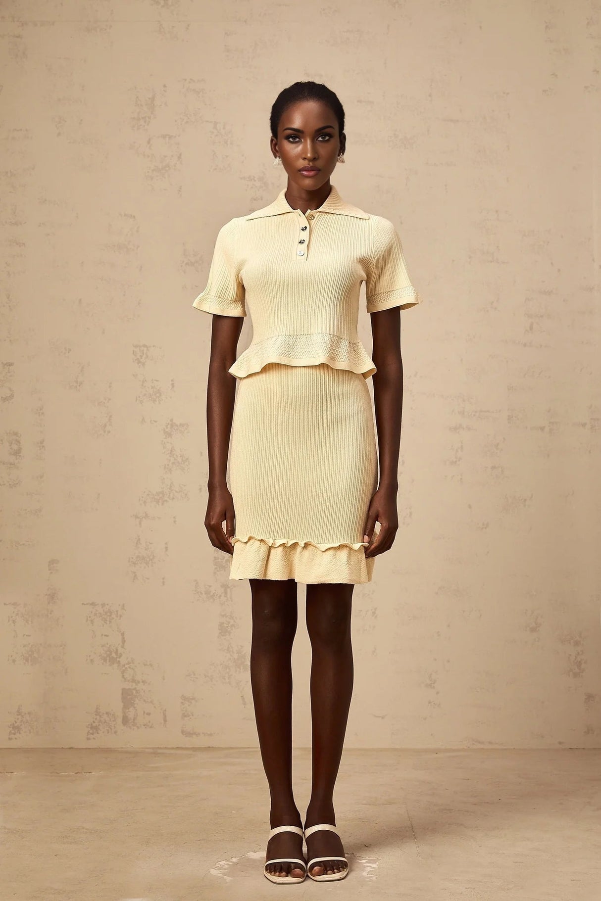 Vada Top & Skirt Set Yellow Ribbed Ruffle Hem Coord