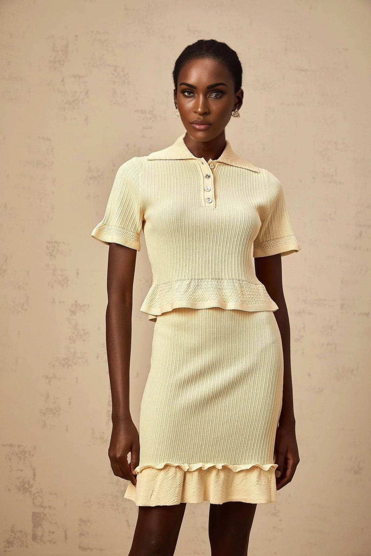 Vada Top & Skirt Set Yellow Ribbed Ruffle Hem Coord