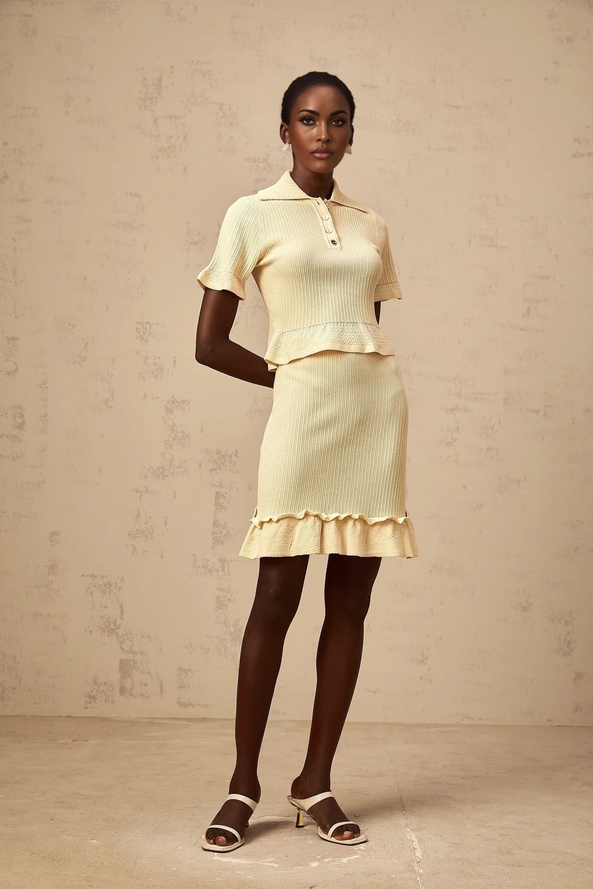 Vada Top & Skirt Set Yellow Ribbed Ruffle Hem Coord