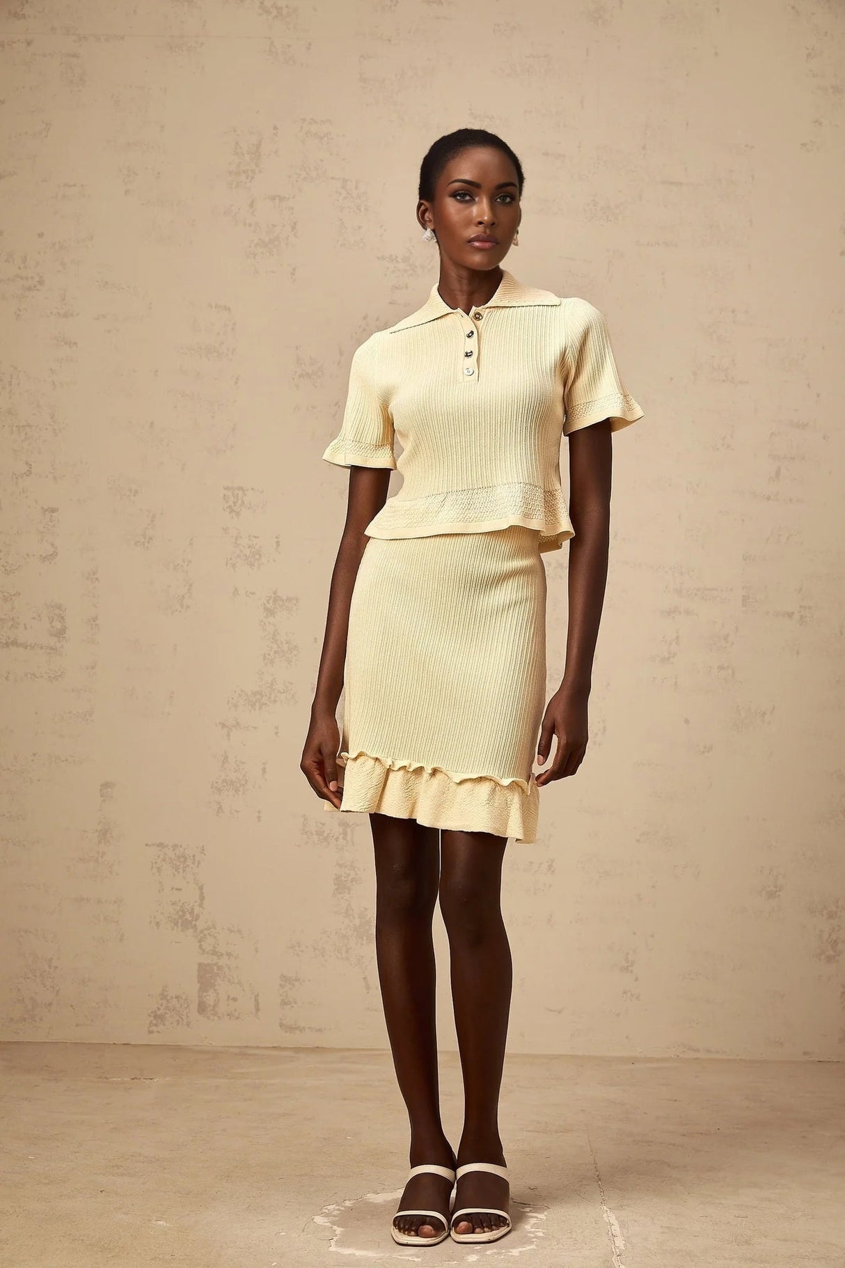 Vada Top & Skirt Set Yellow Ribbed Ruffle Hem Coord