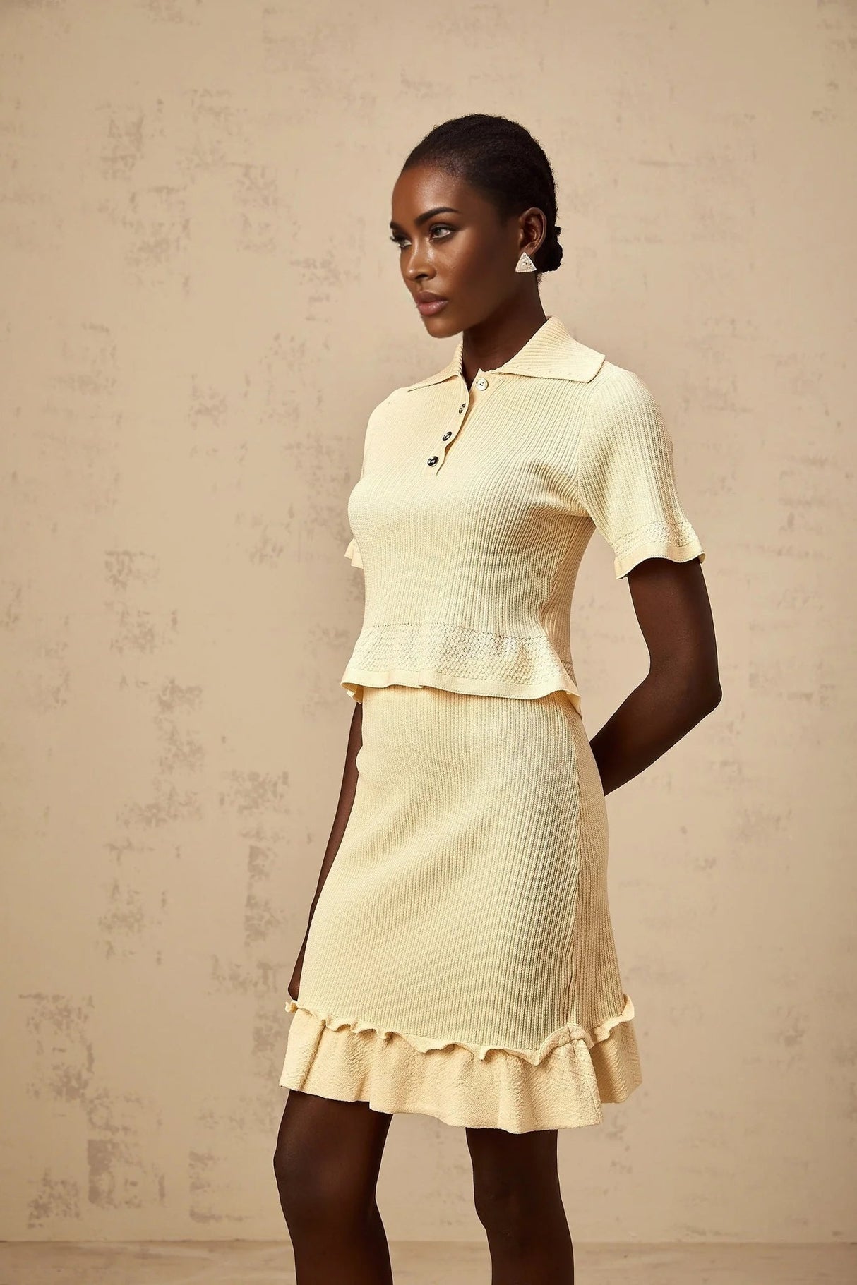 Vada Top & Skirt Set Yellow Ribbed Ruffle Hem Coord