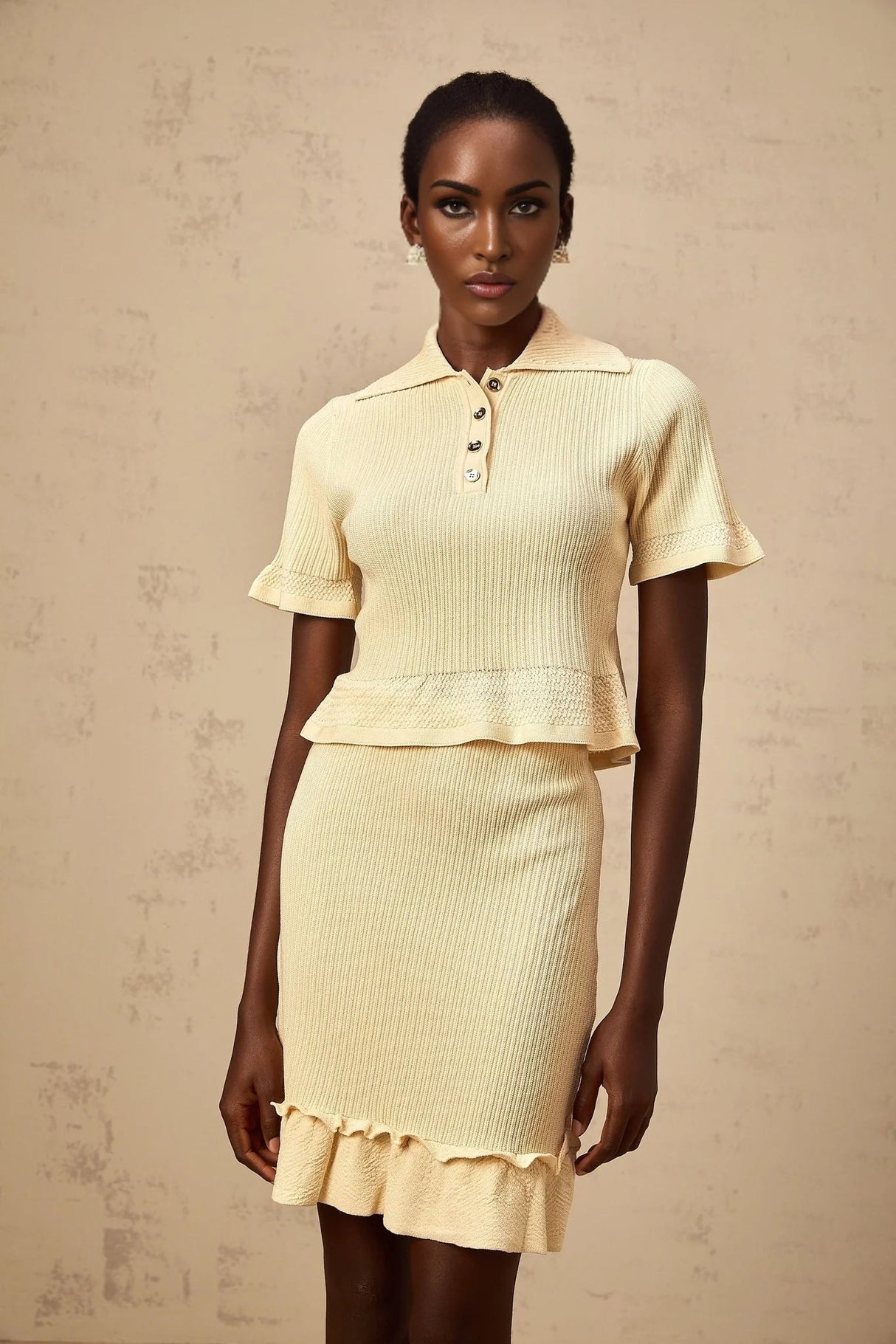 Vada Top & Skirt Set Yellow Ribbed Ruffle Hem Coord