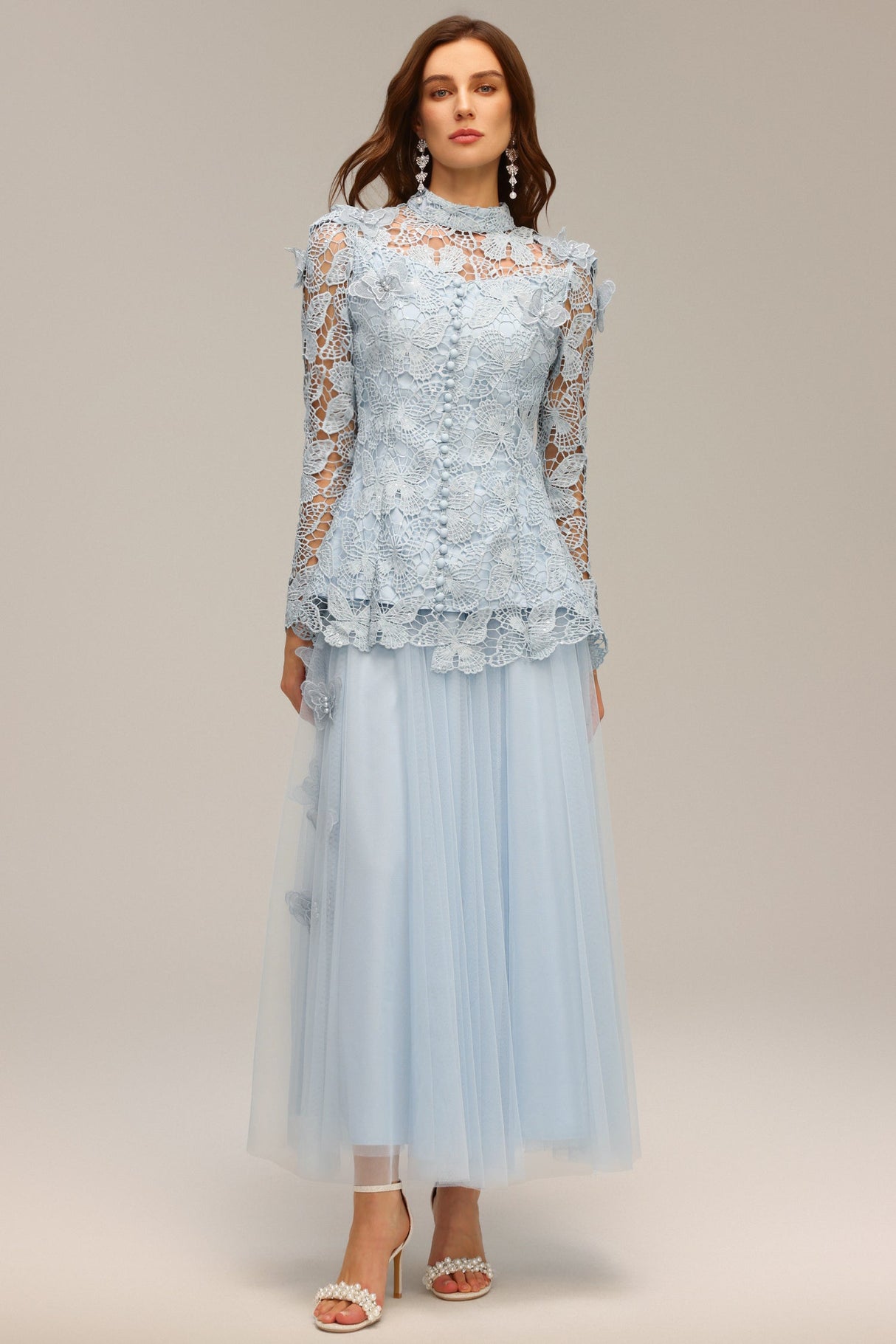 Valentina Blue Lace Two-Piece Dress Floral Accents High Neckline