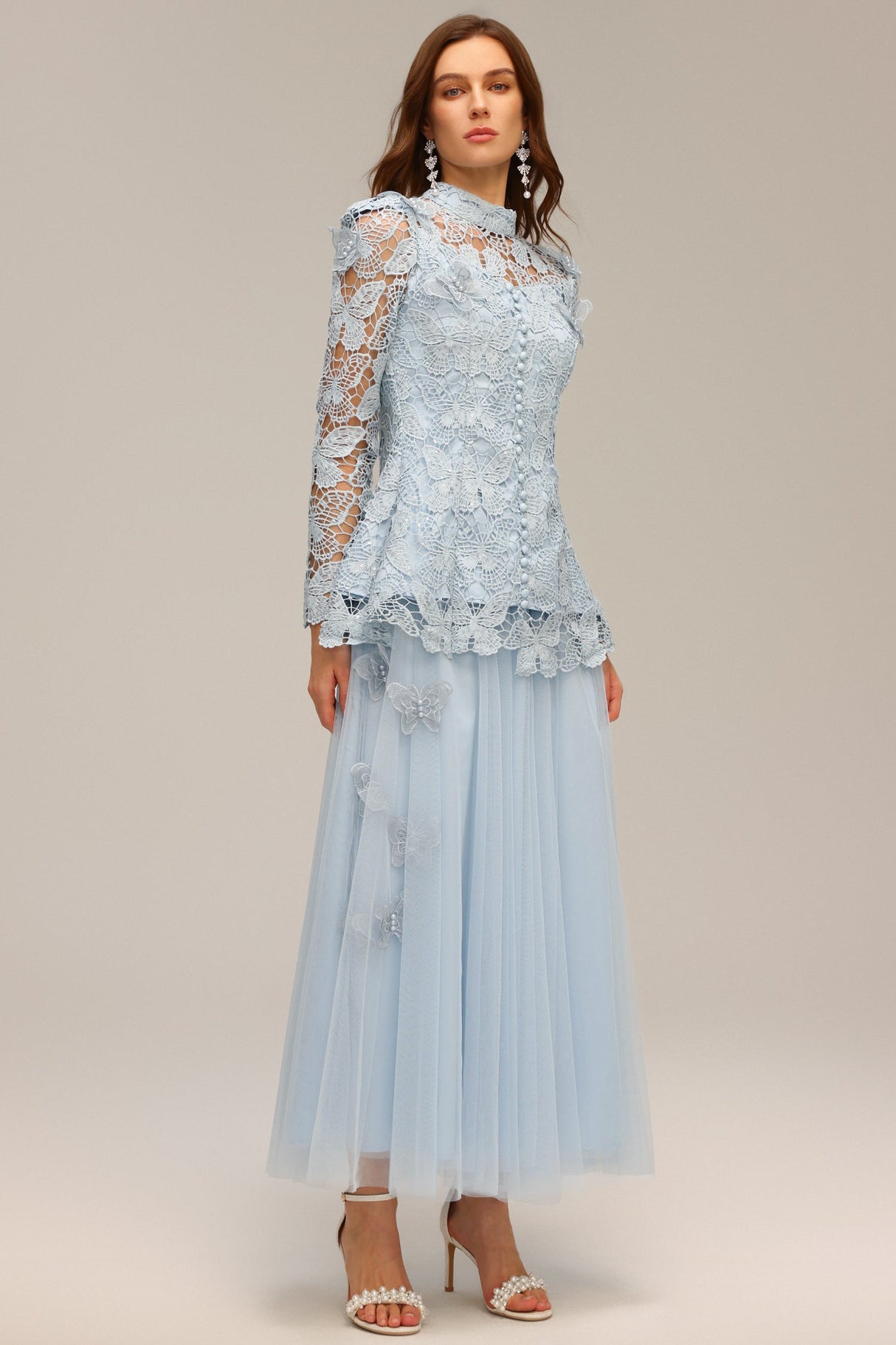 Valentina Blue Lace Two Piece Dress Floral Accents High Neckline