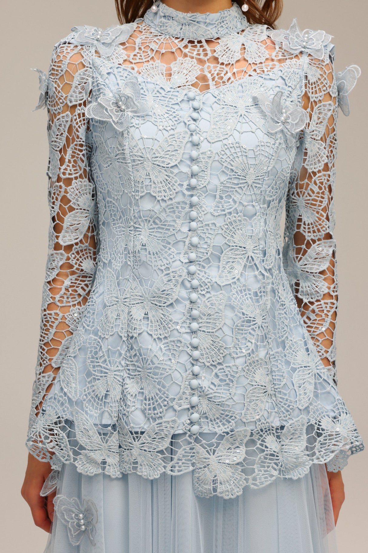 Valentina Blue Lace Two Piece Dress Floral Accents High Neckline