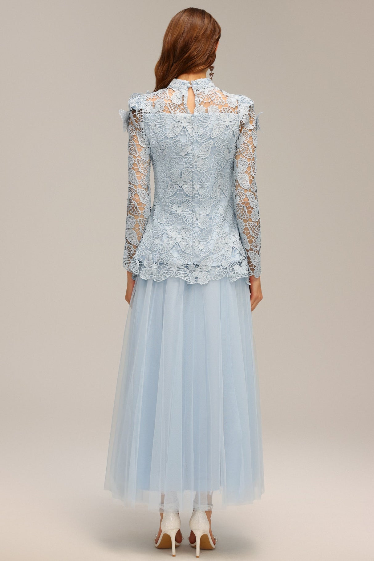 Valentina Blue Lace Two Piece Dress Floral Accents High Neckline