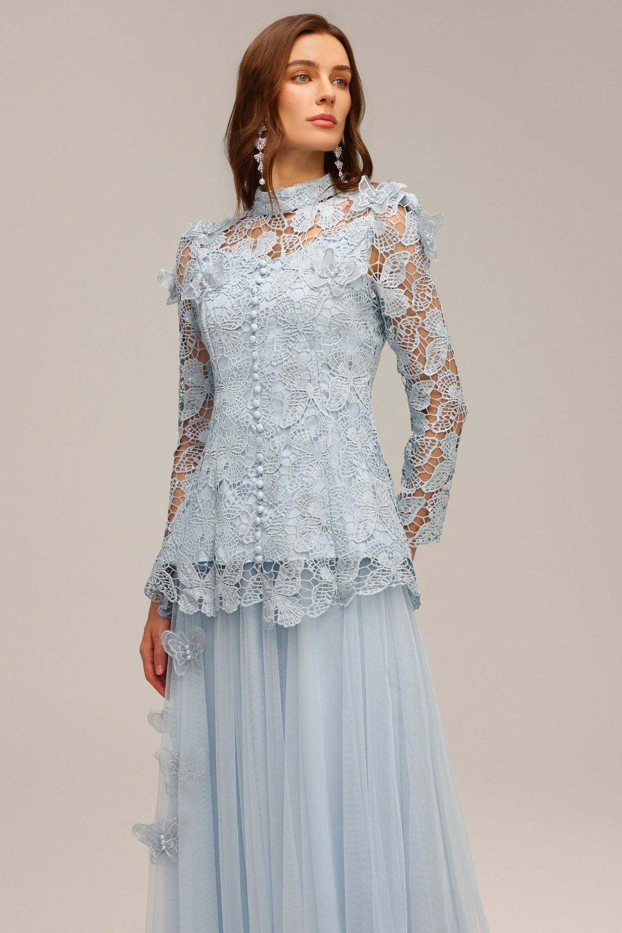 Valentina Blue Lace Two Piece Dress Floral Accents Romantic Silhouette Special Occasions High Neckline Statement Piece