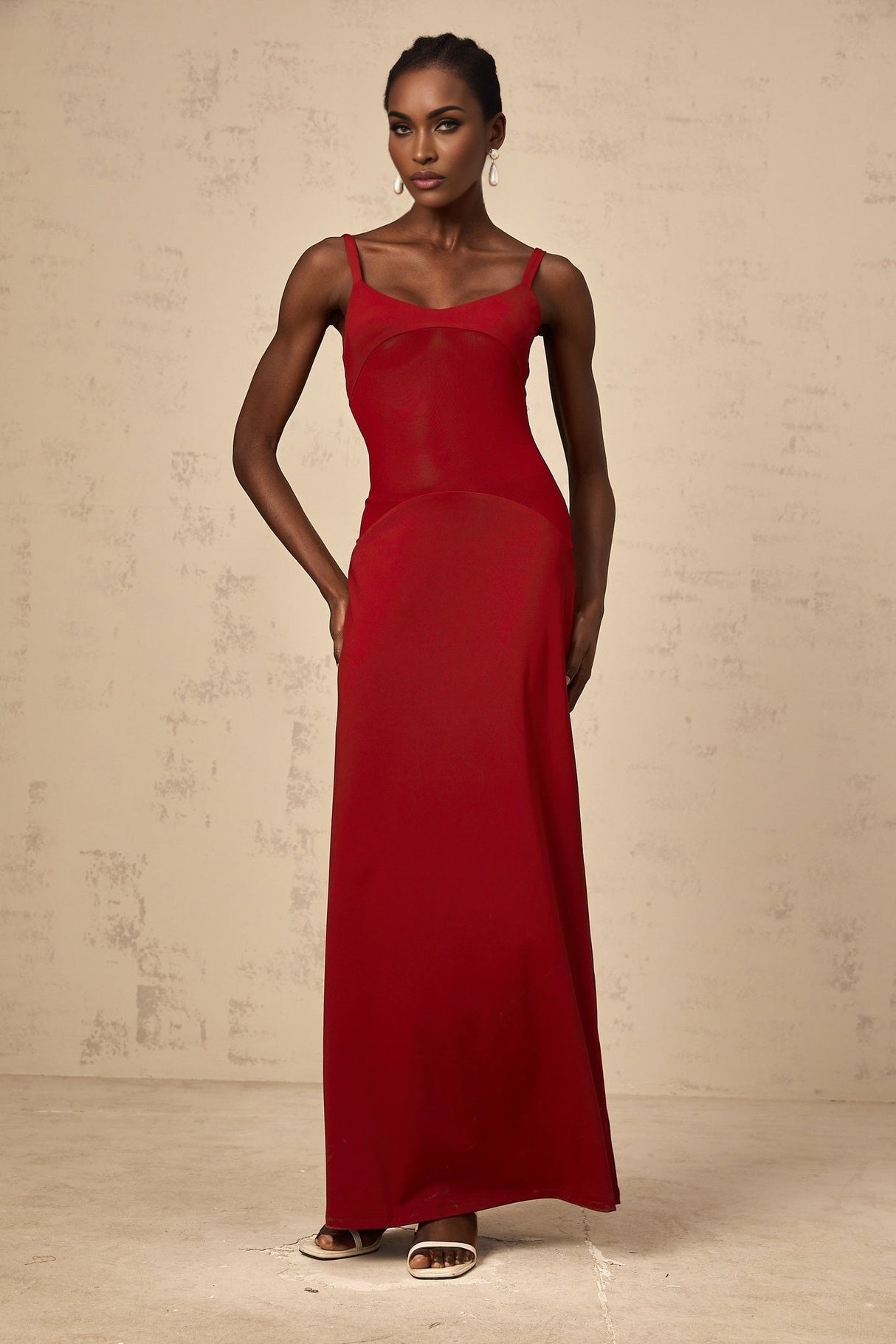 Valentina Maxi Dress in Ancora Red with Semi - Sheer Tulle Paneling & Bodycon Fit