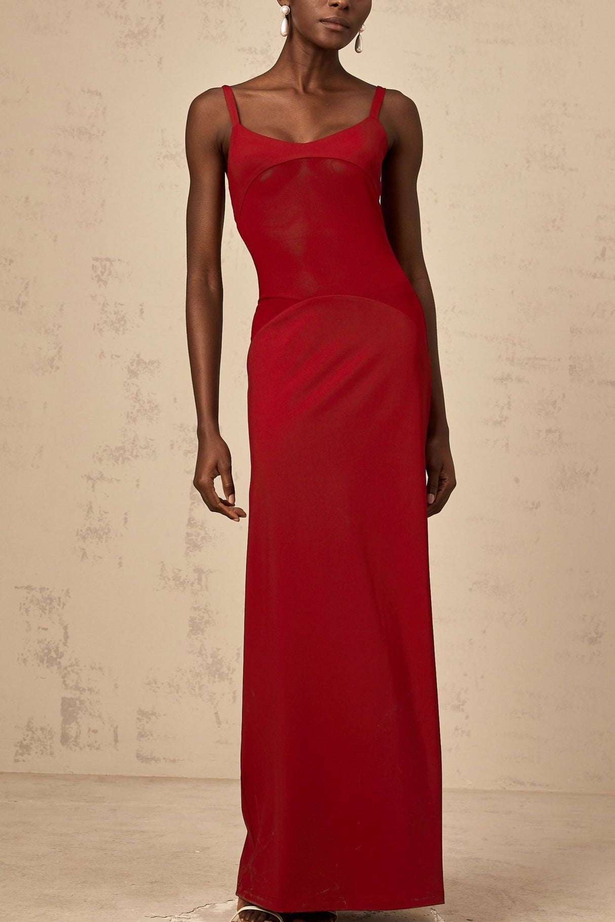 Valentina Maxi Dress in Ancora Red with Semi - Sheer Tulle Paneling & Bodycon Fit