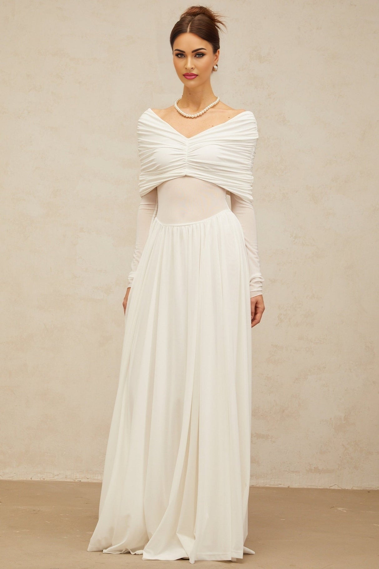 Valentina Maxi Dress in White with V - Neck - Long Sleeves - Ruched & Draped Detailing