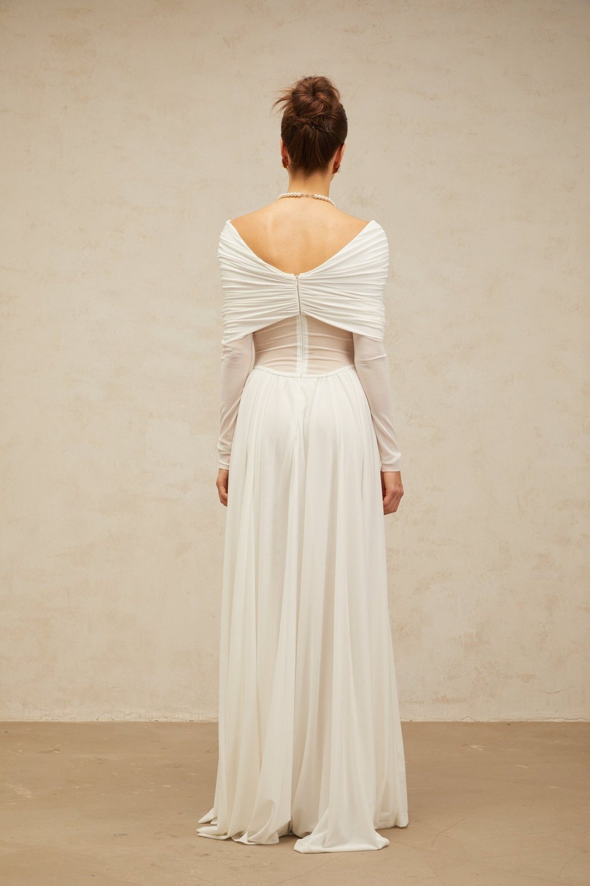 Valentina Maxi Dress in White with V - Neck - Long Sleeves - Ruched & Draped Detailing