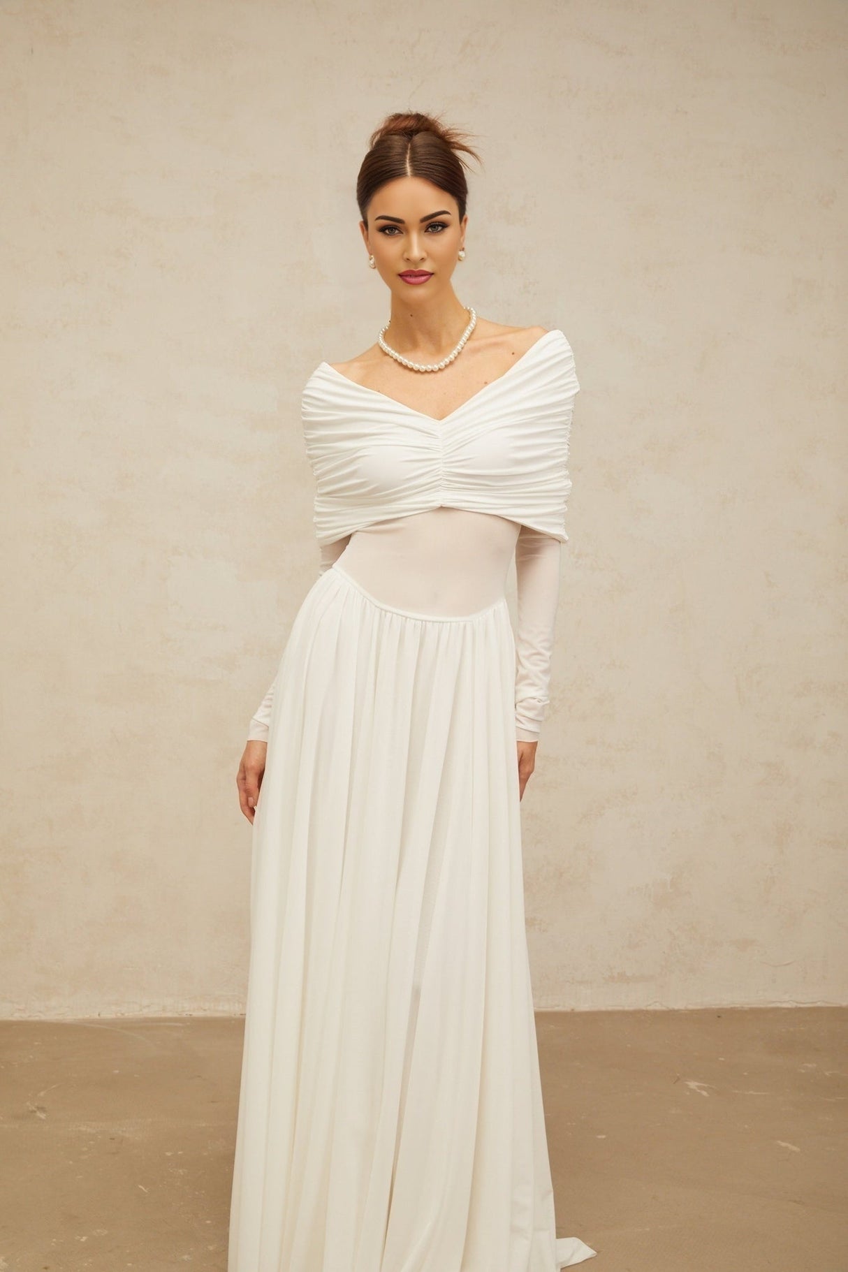 Valentina Maxi Dress in White with V - Neck - Long Sleeves - Ruched & Draped Detailing