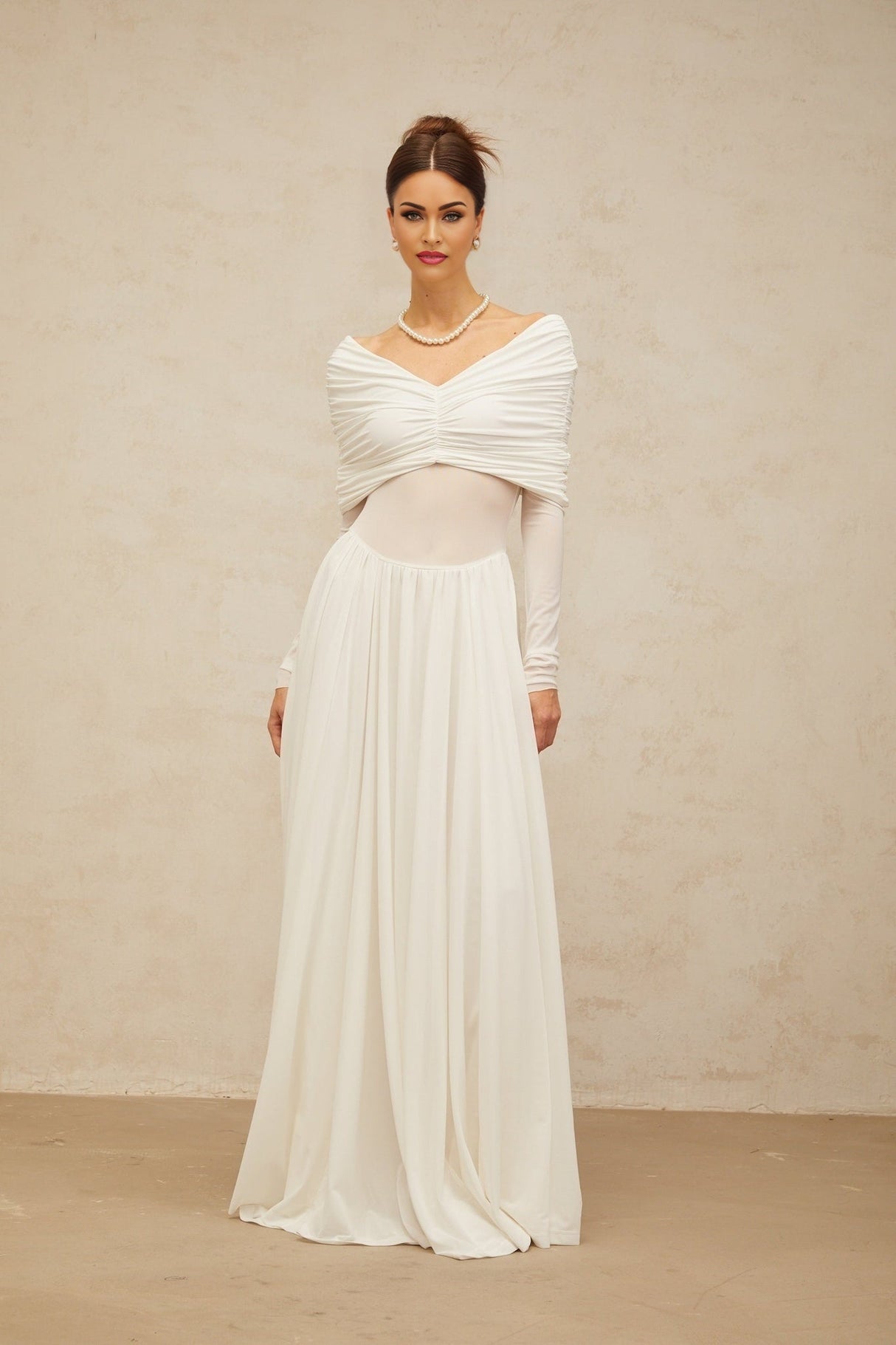 Valentina Maxi Dress in White with V - Neck - Long Sleeves - Ruched & Draped Detailing