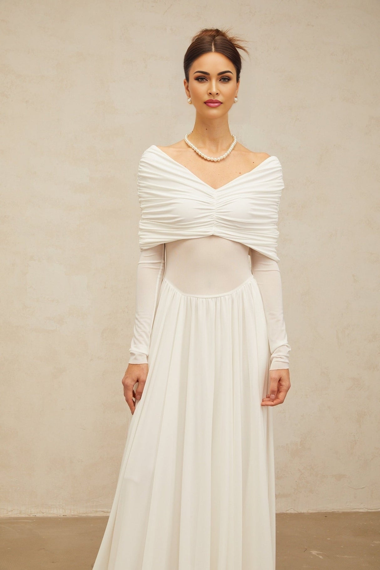 Valentina Maxi Dress in White with V - Neck - Long Sleeves - Ruched & Draped Detailing