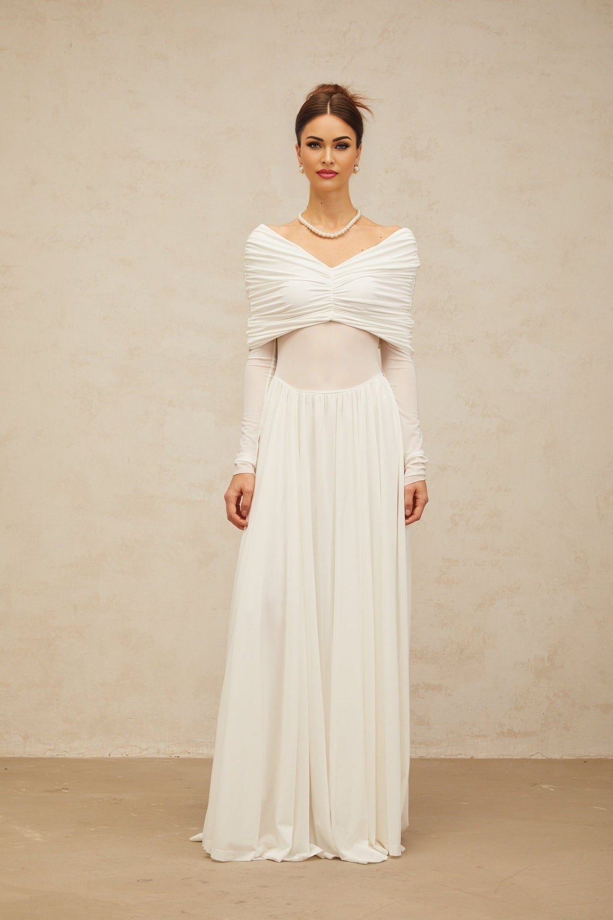 Valentina Maxi Dress in White with V - Neck - Long Sleeves - Ruched & Draped Detailing