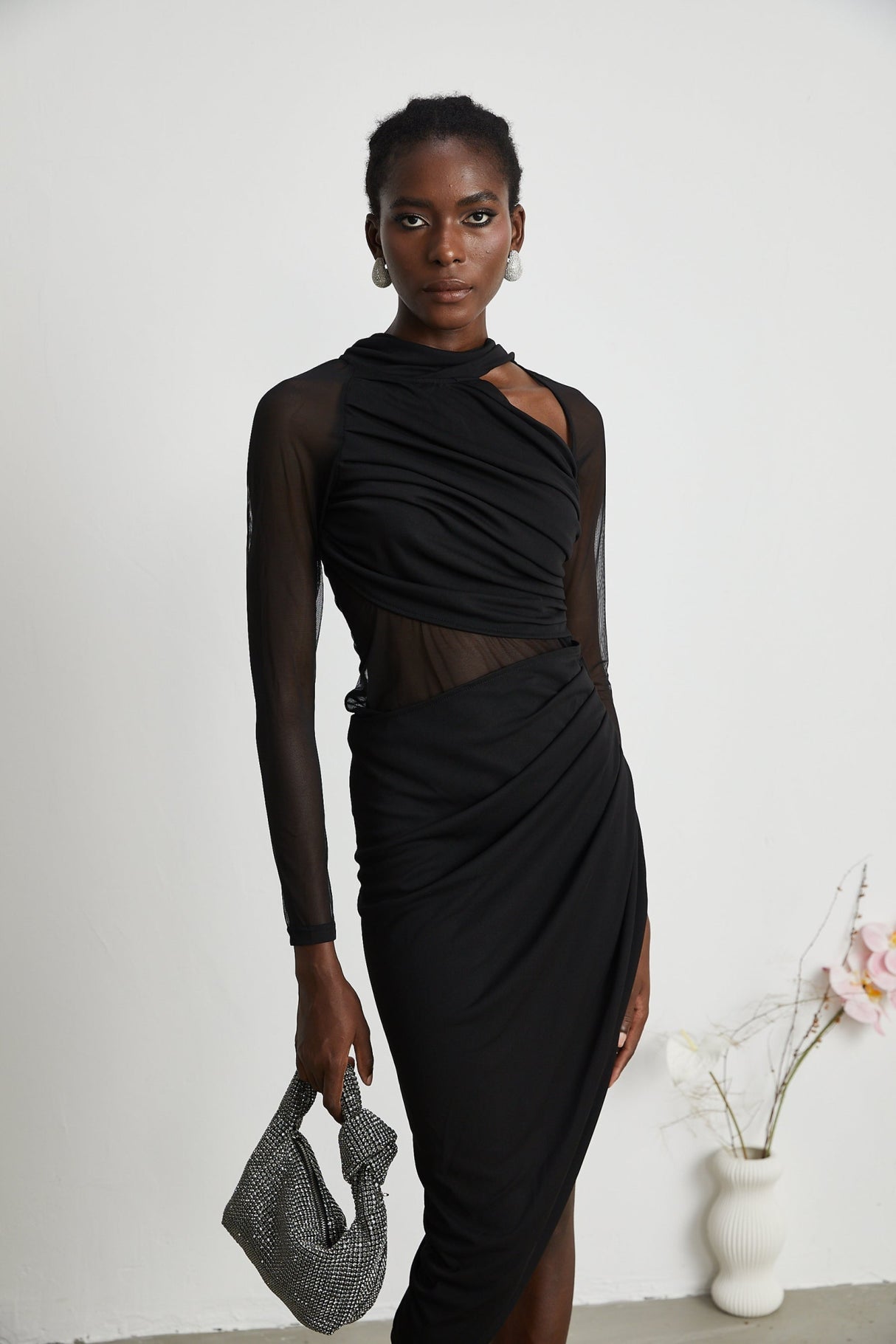 Valentina Midi Dress Black Sheer Mesh Ruched Asymmetric Hem Zip Detail