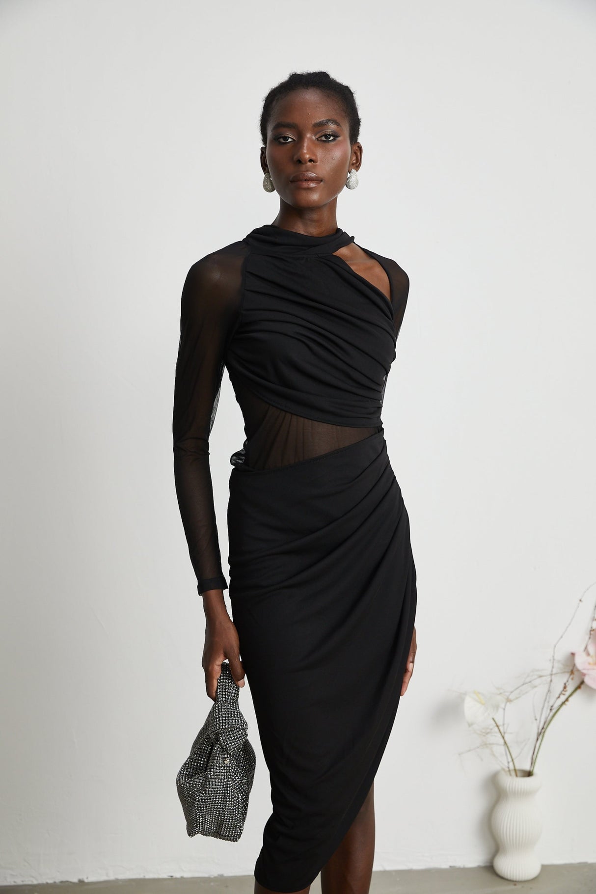 Valentina Midi Dress Black Sheer Mesh Ruched Asymmetric Hem Zip Detail