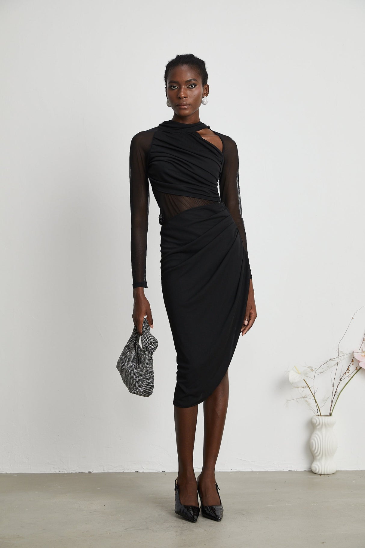 Valentina Midi Dress Black Sheer Mesh Ruched Asymmetric Hem Zip Detail