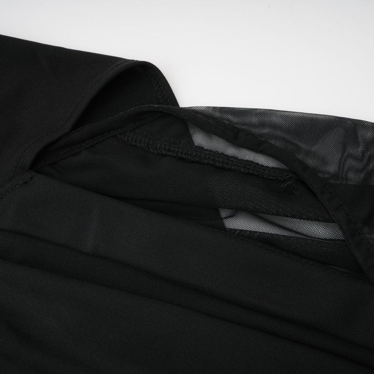 Valentina Midi Dress Black Sheer Mesh Ruched Asymmetric Hem Zip Detail