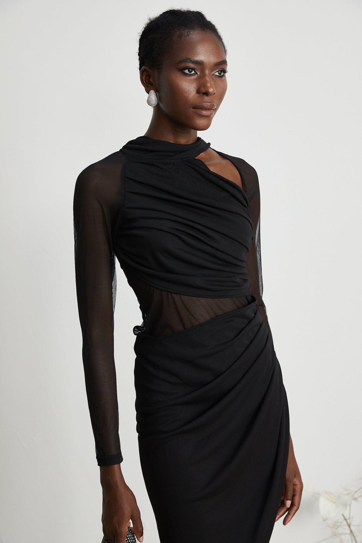 Valentina Midi Dress Black Sheer Mesh Ruched Asymmetric Hem Zip Detail