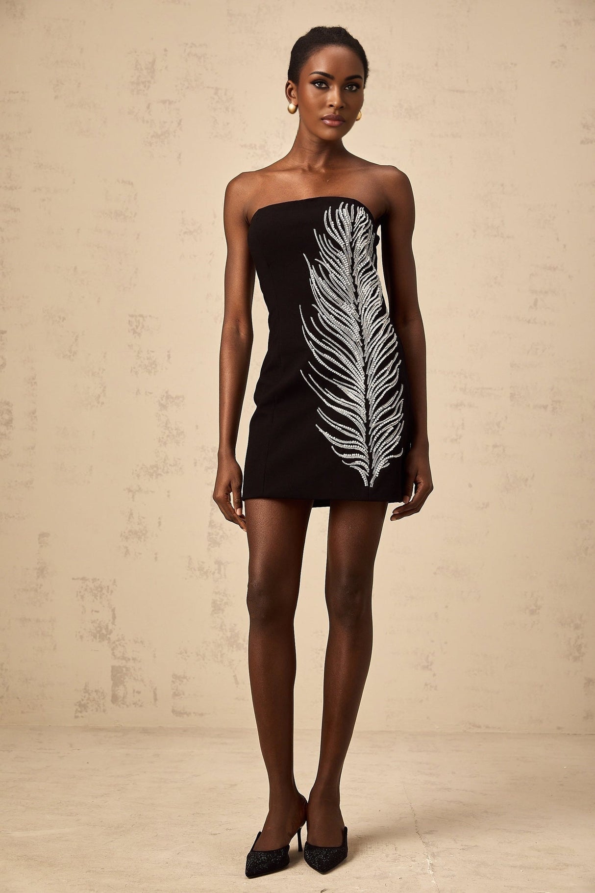 Valentina Mini Dress Black White Feather Sequin Pearl & Aline