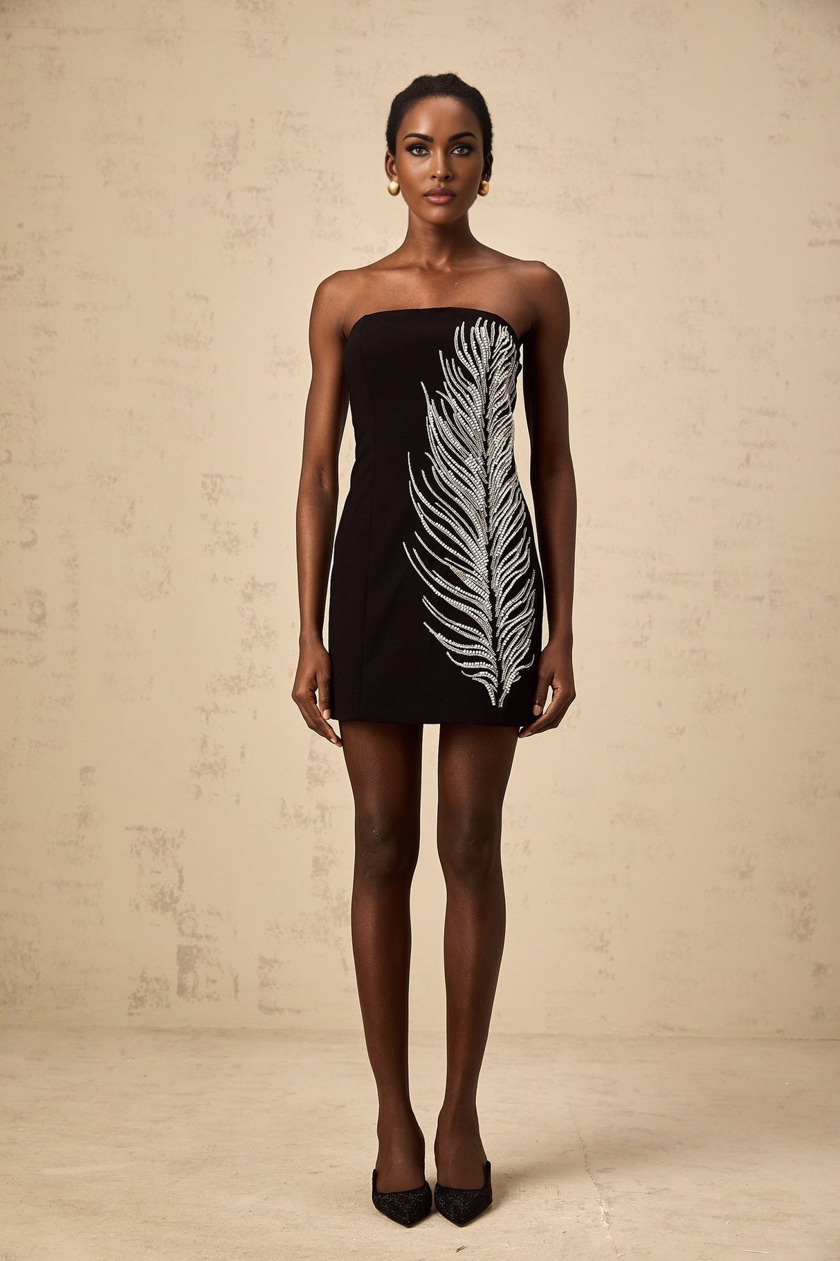 Valentina Mini Dress Black White Feather Sequin Pearl & Aline