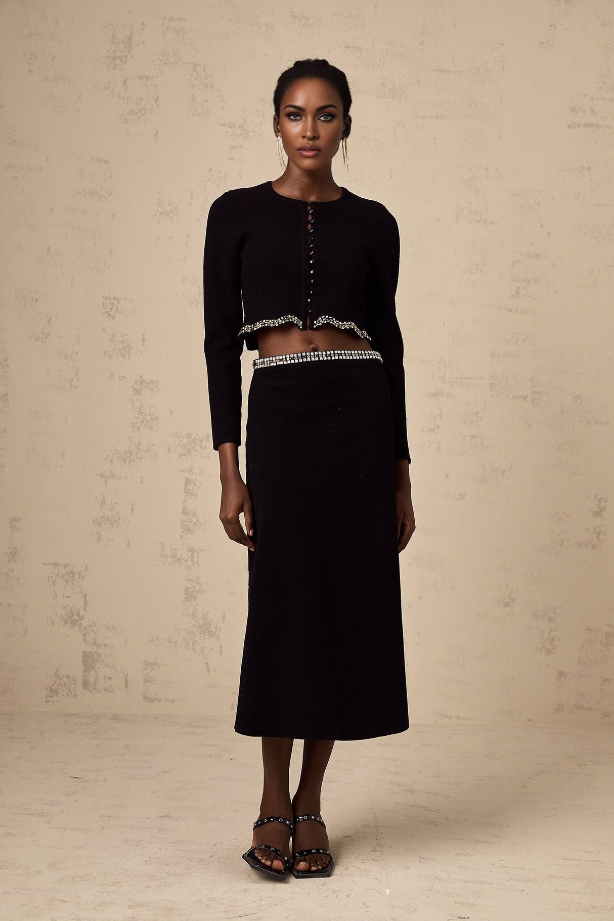 Valeria Cardigan & Skirt Black Crystal Embellished Matching Set