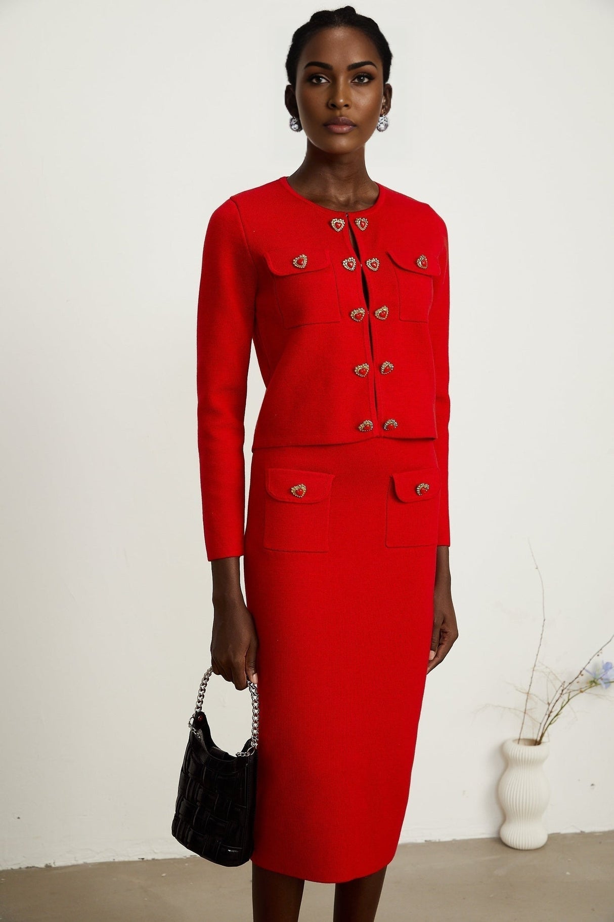 Valeria Cardigan & Skirt Red Knitted Matching Set