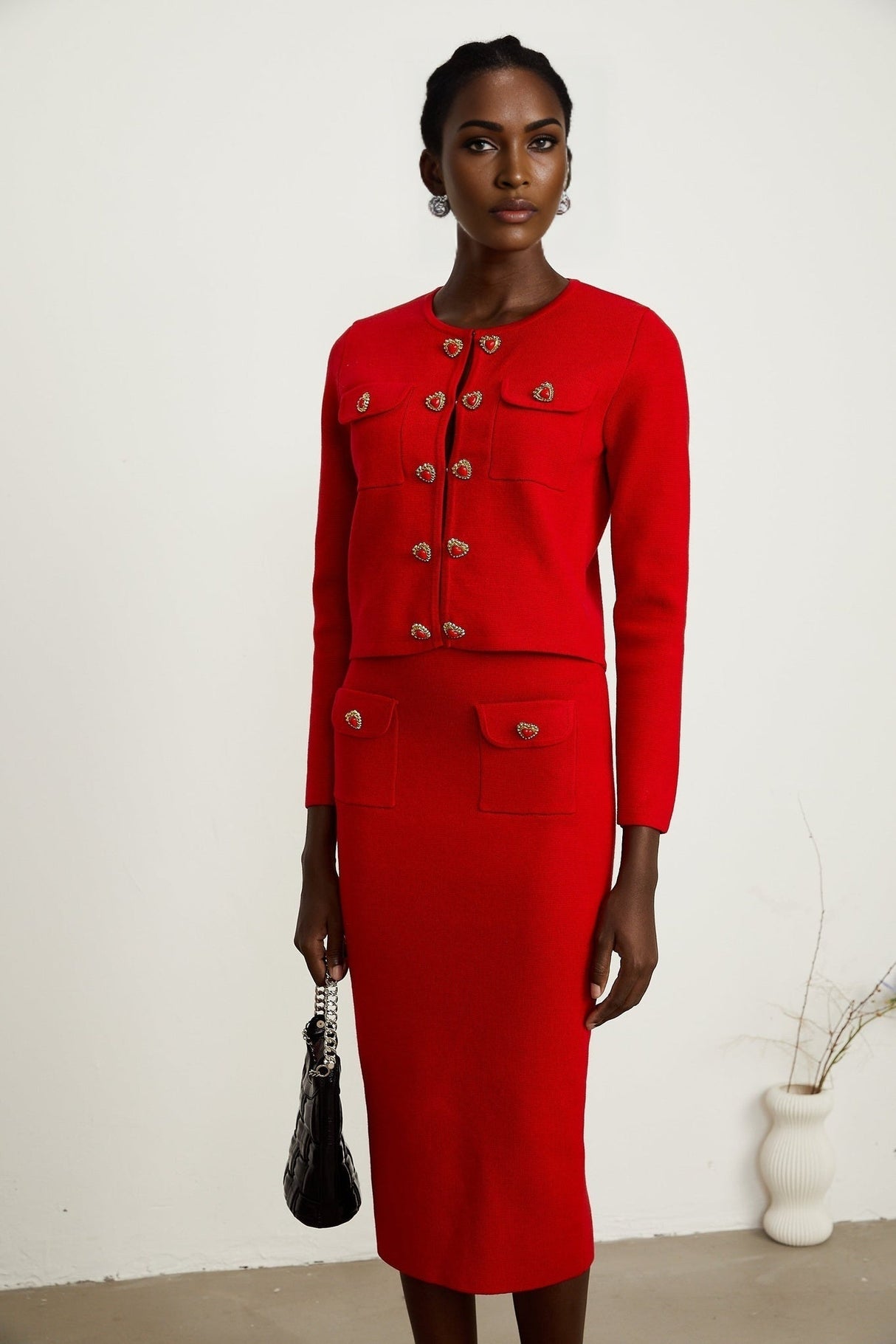 Valeria Cardigan & Skirt Red Knitted Matching Set
