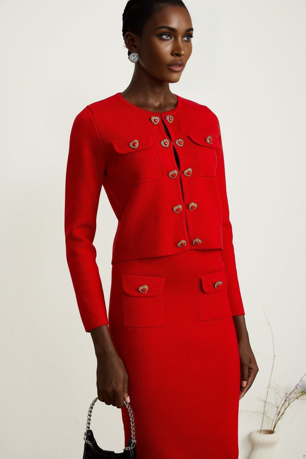 Valeria Cardigan & Skirt Red Knitted Matching Set