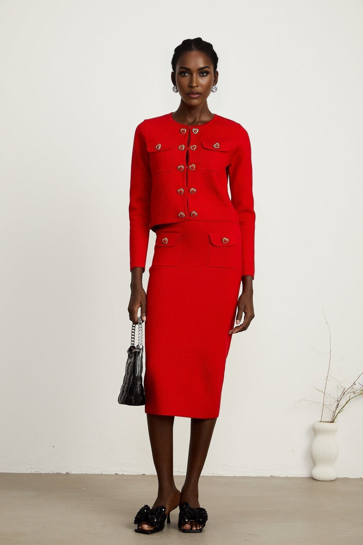 Valeria Cardigan & Skirt Red Knitted Matching Set