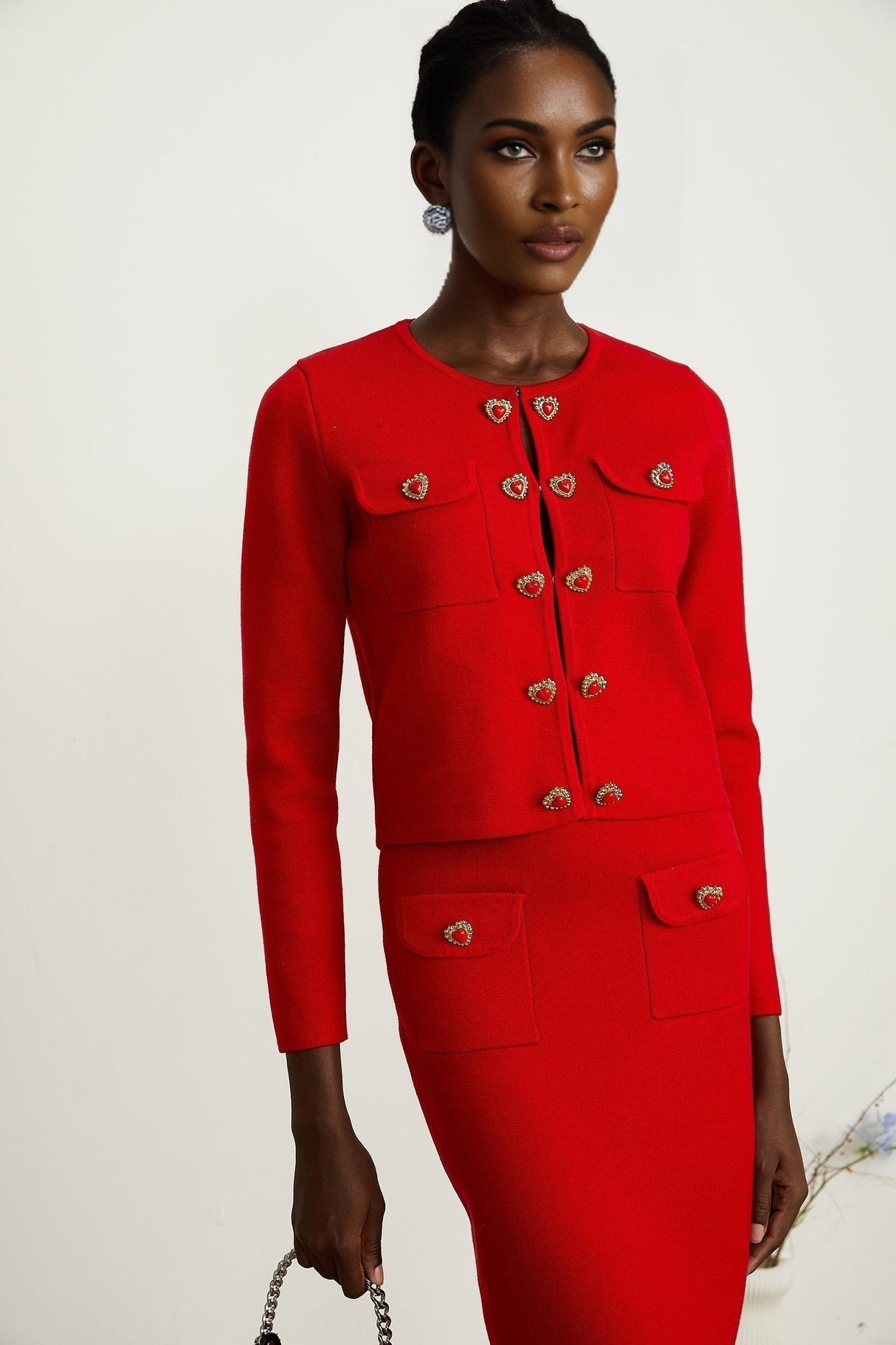 Valeria Cardigan & Skirt Red Knitted Matching Set