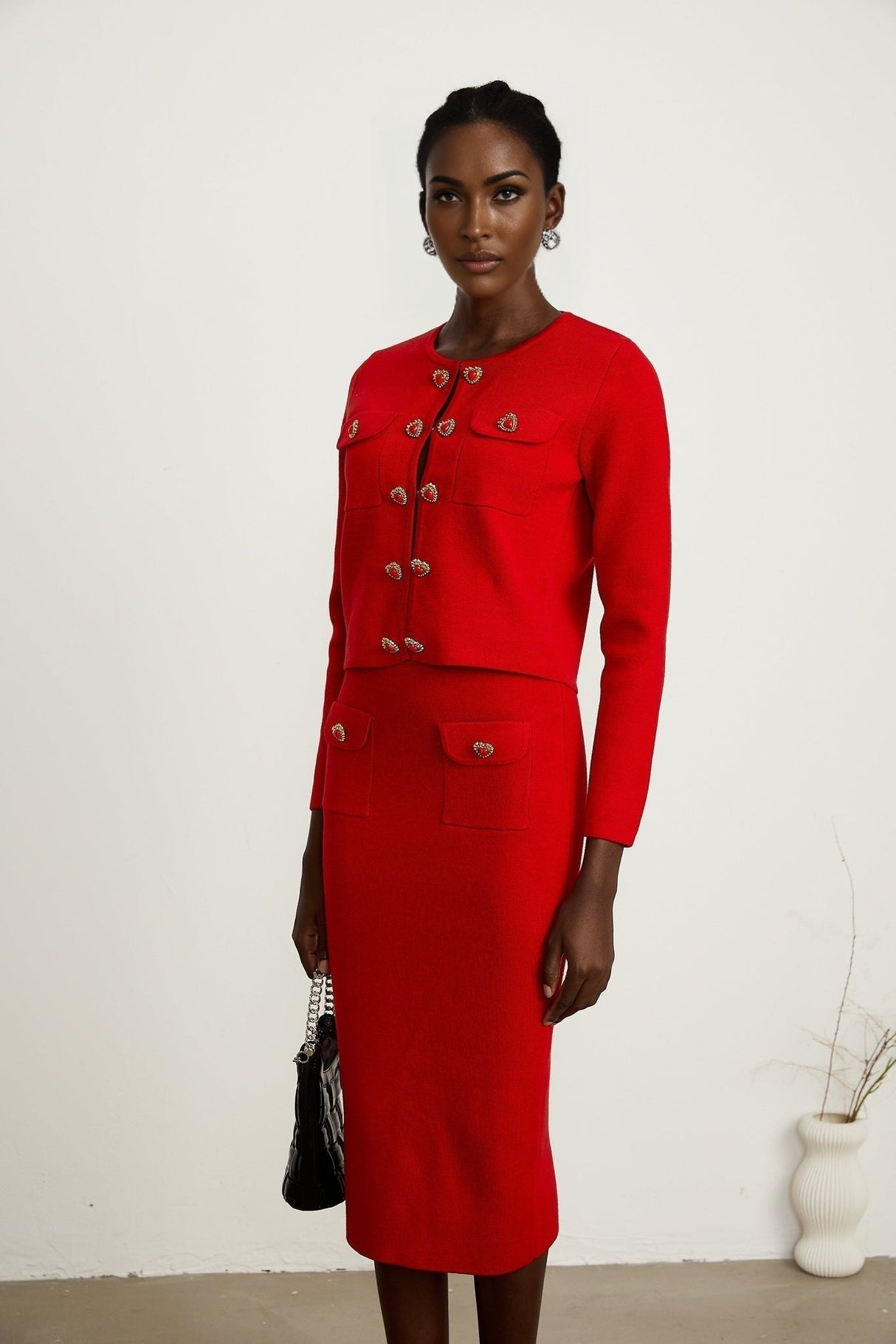 Valeria Cardigan & Skirt Red Knitted Matching Set